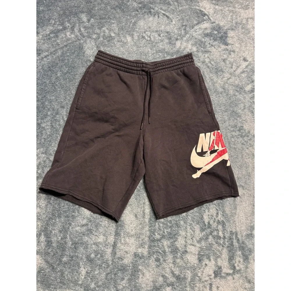 Jordan Nike Air Fleece Sweat Shorts L Black Red Jumpman Retro Athletic Raw Hem